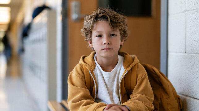 Nine-year-old child sits rigid in school hallway on a bench outside classroom door, backpack clutched in lap, face pale with anxiety, school refusal behavior, childhood anxiety