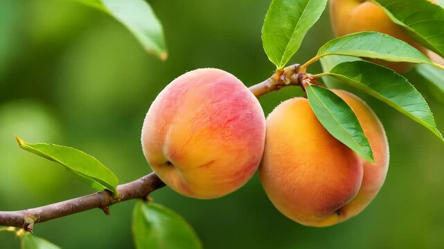 Fresh peaches ripening on tree branches in natural garden setting