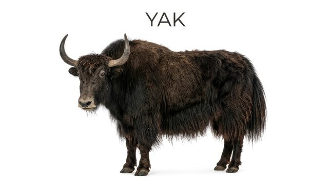 A majestic yak stands proudly, its thick, dark fur covering its sturdy body. Its impressive horns curve upwards, framing its powerful head