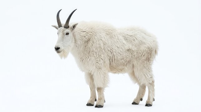A majestic mountain goat with thick white fur stands alert in a snowy landscape. Its horns curve backward, and it surveys its surroundings with a calm demeanor