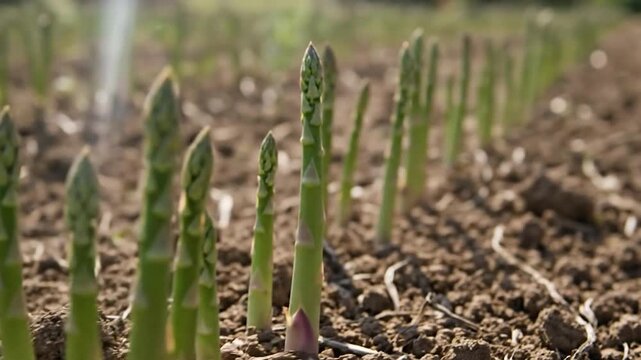 Young asparagus sprouts growing in agricultural field during springtime