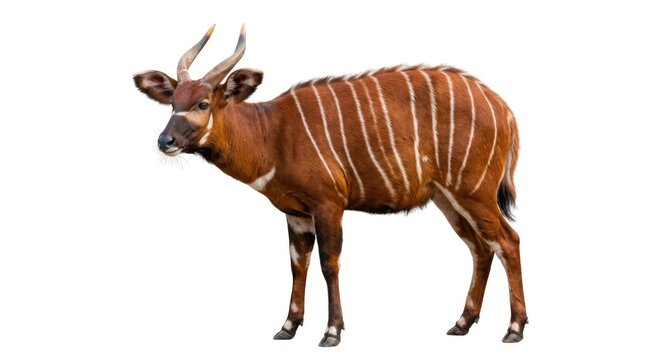 A majestic bongo antelope with striking white stripes and curved horns stands elegantly. Its reddish-brown coat contrasts beautifully with the white markings.