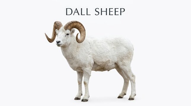 A white Dall sheep with large curled horns stands proudly, showcasing its majestic presence