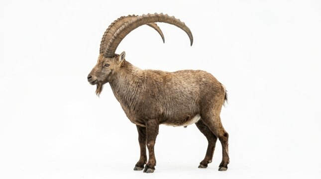 Majestic Alpine Ibex with large, curved horns standing proudly on a white background, showcasing its rugged mountain habitat adaptation