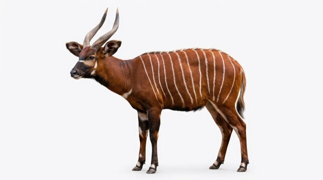 A striking bongo antelope with distinctive white stripes on its reddish-brown coat stands alertly. Its long, spiraled horns point backwards, and its ears are large and expressive.