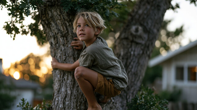 Elementary-aged child climbs a backyard oak tree alone at dusk without adult supervision, scraped knees visible, free-range parenting philosophy in practice, childhood outdoor