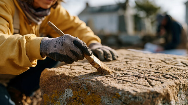 Cemetery volunteer in work gloves uses a soft nylon brush to clean lichen from a sandstone Revolutionary War grave marker while a team member photographs the inscription and