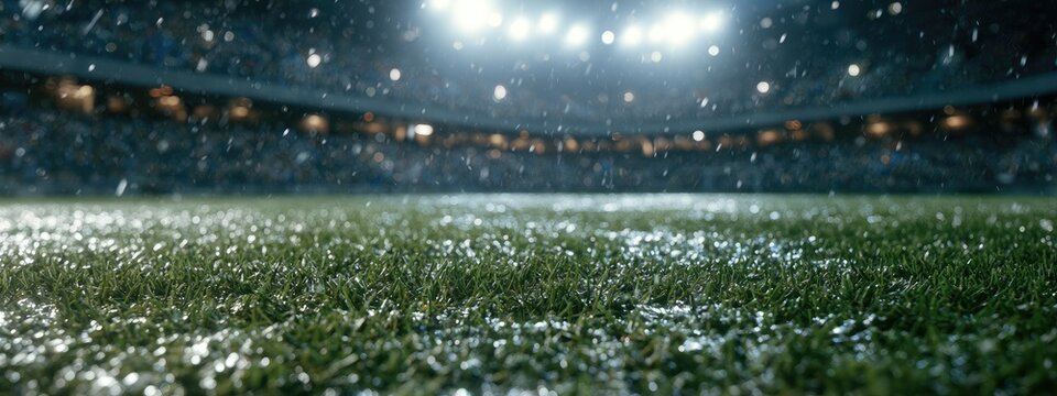 Sports stadium under the lights with falling snow on the field