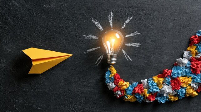 Yellow paper plane flies towards glowing bulb with colorful paper trail