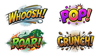 Obraz premium Vibrant comic book sound effect vector graphic collection featuring bold typography and dynamic halftone textures for expressive visual storytelling projects
