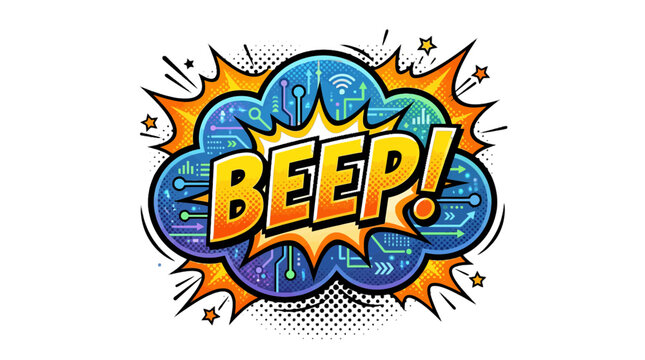 Vibrant comic book style vector illustration featuring the word beep with digital circuit board patterns and colorful explosive speech bubble