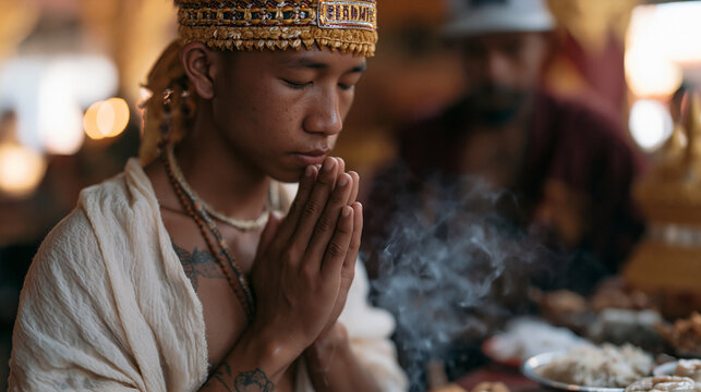 Muay Thai student in traditional mongkol headband performing wai kru ram muay ritual at gym altar before bout, incense smoke rising, trainer watching solemnly, sacred offerings