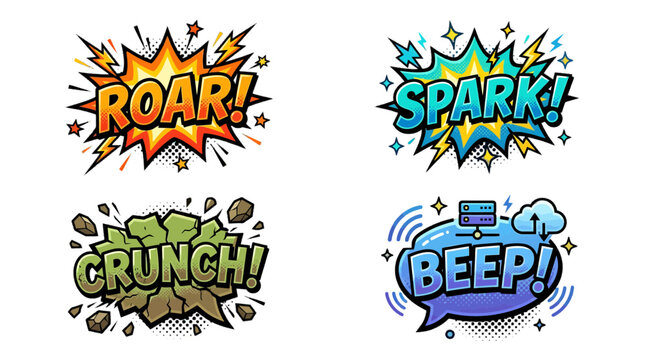 Vibrant comic style vector graphic collection featuring various expressive sound effect word bubbles with colorful explosions and digital tech elements