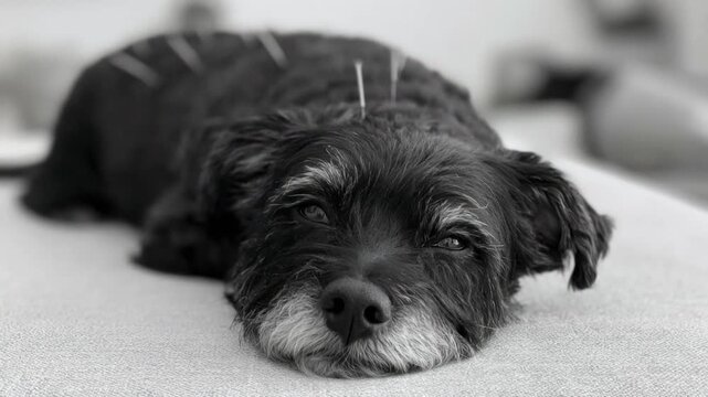 Black and white photo of elderly small dog resting peacefully on soft surface with acupuncture needles carefully inserted along its back in calm indoor setting