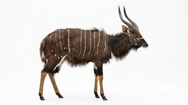 A magnificent Nyala antelope with striking white stripes and spiraling horns stands proudly against a clean white background. Its powerful physique and watchful gaze convey a sense of wild elegance.