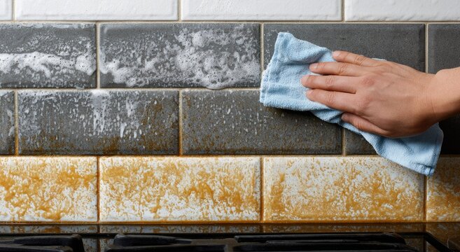 Hand wipes soapy, textured subway tile backsplash