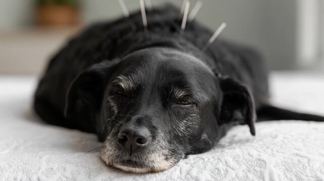 Close-up of calm black dog with eyes closed lying on white surface during acupuncture therapy session indoors at home