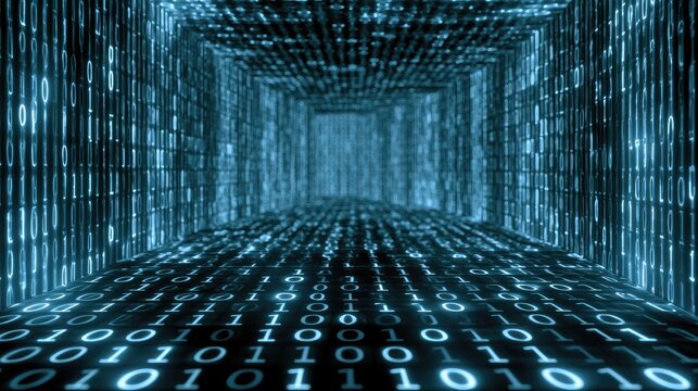 A digital tunnel of glowing binary code receding into darkness