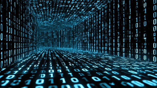Neon blue binary code streams through a dark, futuristic digital tunnel