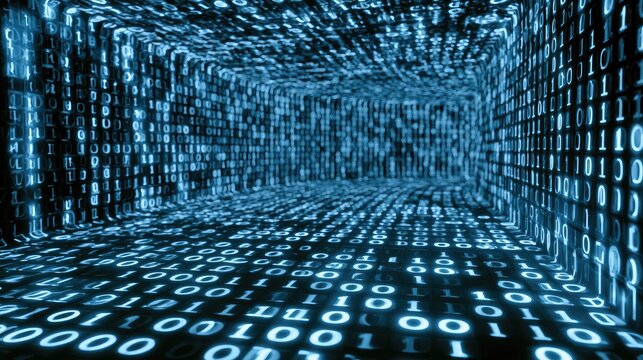 Endless glowing blue binary code forms a digital tunnel perspective