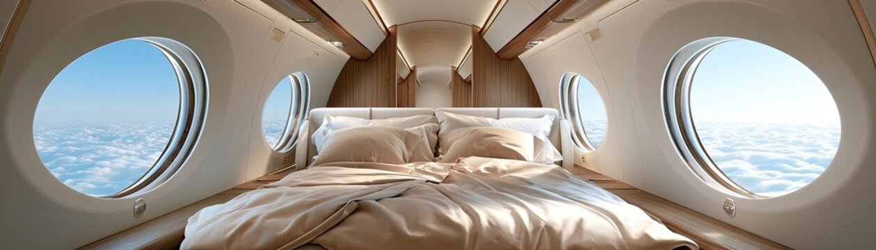 Luxurious private jet cabin with a bed and cloud views through windows