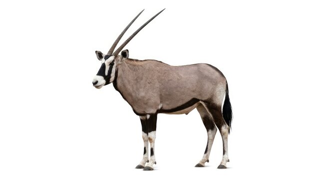 A magnificent oryx standing tall with its impressive long, straight horns and striking black and white markings. The animal is captured in a studio setting against a clean white background.