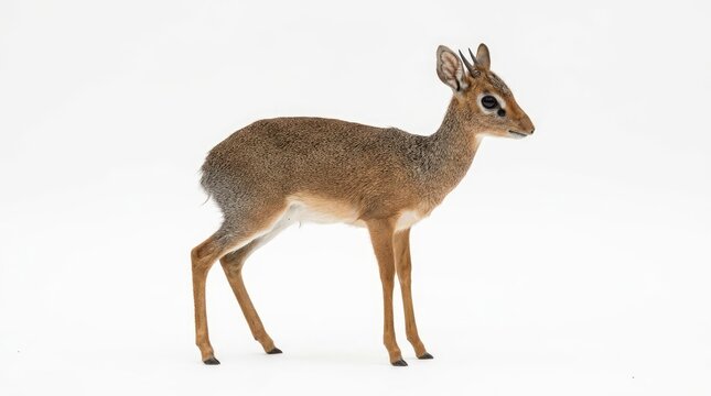 A small Dik-dik antelope stands gracefully in a studio setting. Its slender legs and delicate features are highlighted against a clean, simple background
