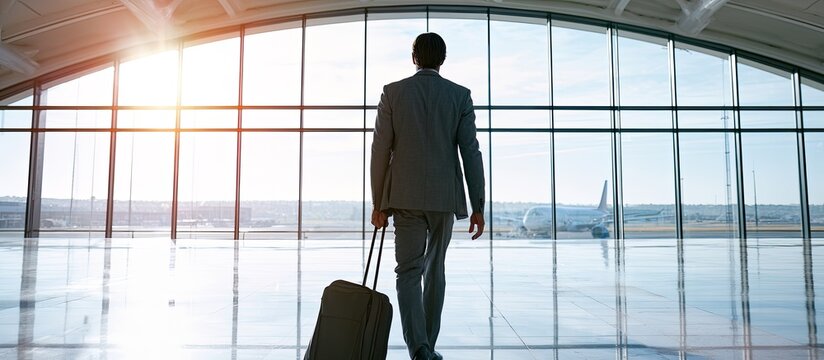 Businessman with rolling suitcase walks towards a plane at a sunlit airport terminal