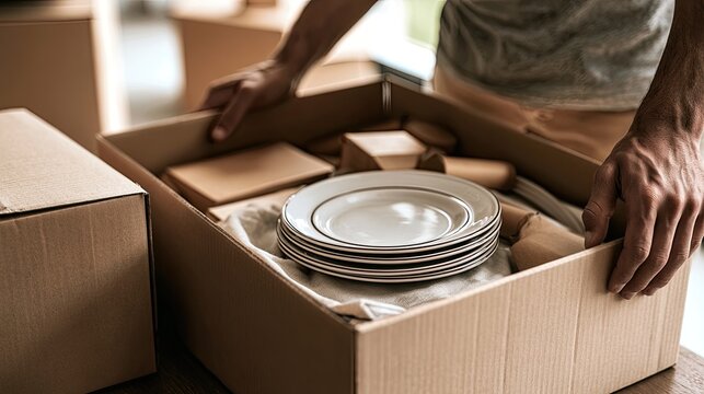 Hands carefully packing stacked plates into a moving box with protective material