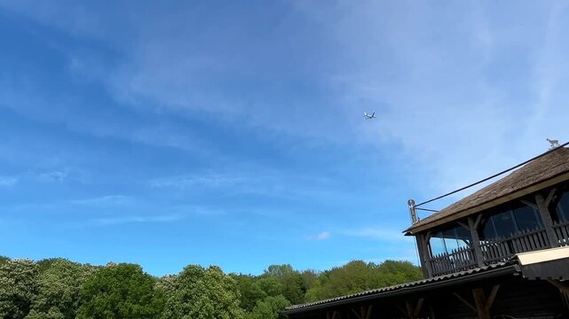 Aircraft flying over Amsterdam Forest park near Schiphol Airport, Netherlands Aircraft flying over Amsterdam Forest
