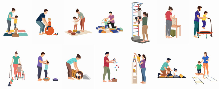 Illustration set of children performing various physical therapy exercises and sensory activities with the guidance of therapists or parents on white background.