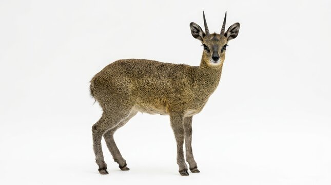 A majestic klipspringer stands tall with a neutral expression, its compact body and short, sturdy legs suited for rocky terrain.