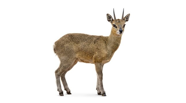 A small, light brown antelope with short, upward-pointing horns stands on a white background, looking directly at the camera. The antelope appears to be a dik-dik or similar small ungulate.