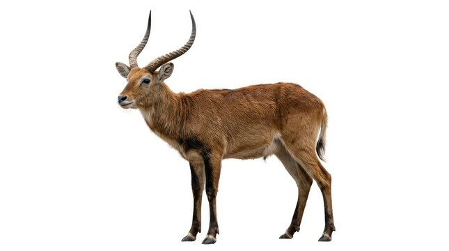 A striking male antelope with impressive curved horns and a reddish-brown coat stands proudly against a plain background