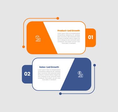 PLG vs SLG infographic template with long round rectangle with slope badge vertical list opposite direction with 2 points comparison flat style