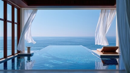 Obraz premium Infinity pool merges with ocean view through sheer curtains