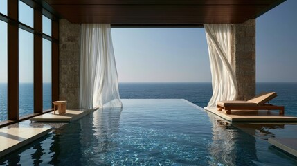 Obraz na płótnie Canvas Infinity pool meets ocean panorama through sheer curtains, modern luxury