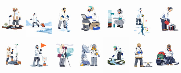 Collection of flat vector illustrations depicting polar researchers and explorers performing various scientific tasks and measurements in an arctic environment. © Lopezda