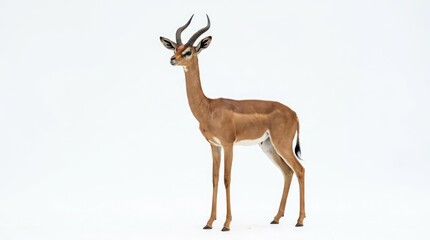 Obraz premium A graceful gazelle standing tall with striking horns against a clean white background. Its slender build and alert posture suggest a creature of the wild