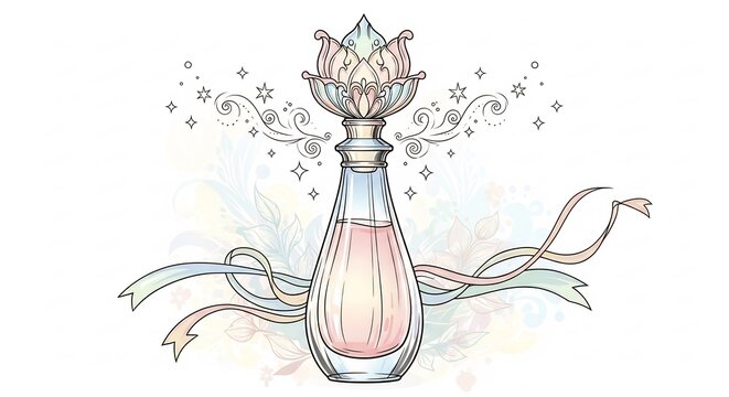 Ornate magical perfume bottle illustration with a floral cap and sparkling decorations on a white background
