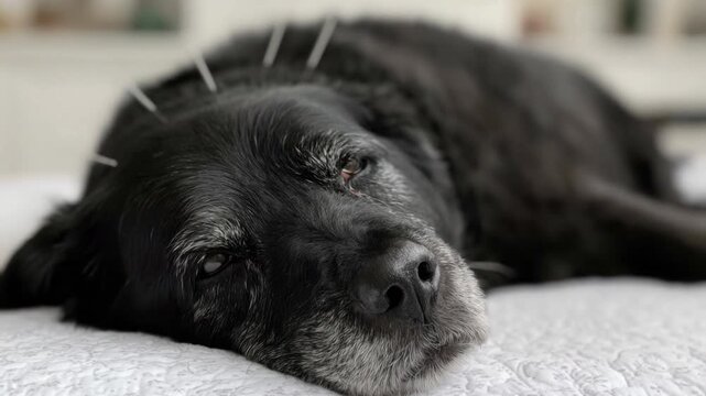 Close-up of peaceful old black dog sleeping on bed indoors with soft textured blanket showcasing calm animal resting in cozy home environment