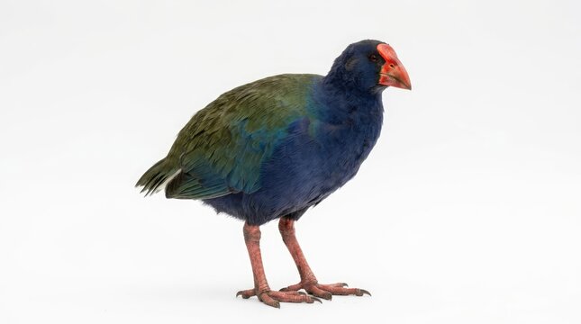 A Pukeko bird, native to New Zealand, with vibrant blue and green plumage and a distinctive red beak stands on a plain background