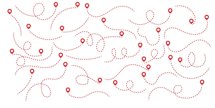 Abstract red dashed line travel paths with location pin markers showing various movement patterns journey routes flight tracks delivery logistics and messy wandering trails.