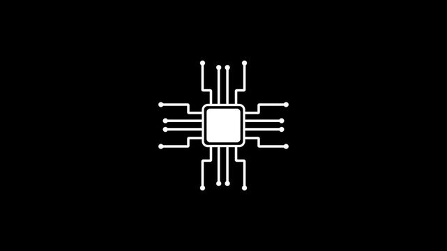 Minimalist CPU microchip icon animation, digital technology processor symbol, tech circuitry for software development and computing concepts