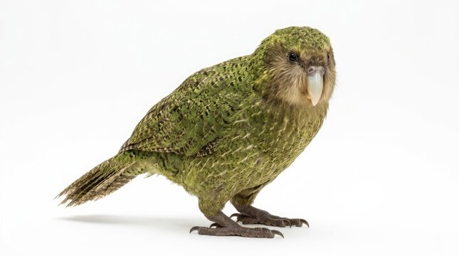 A Kakapo, a rare flightless parrot, with its distinctive green plumage and stout build, stands on a white background
