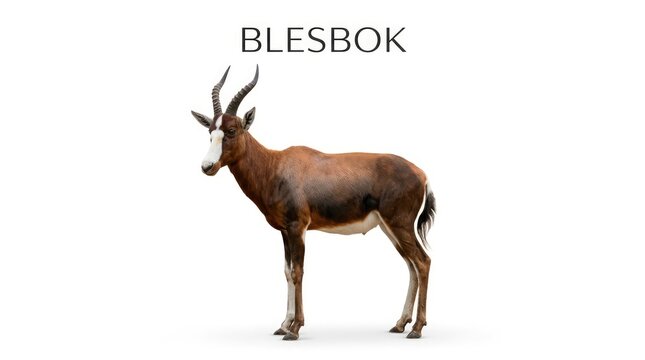 A Blesbok antelope standing on a white background. The antelope has a distinctive white blaze on its face and curved horns