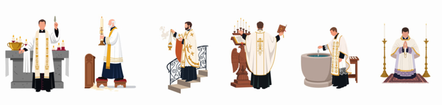 Vector illustration set of Catholic priests performing various liturgical ceremonies including baptism, prayer, and incense blessing in a church setting.