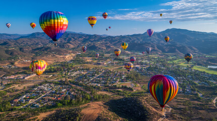 Fototapeta premium Hot air balloons flying over a rural valley landscape