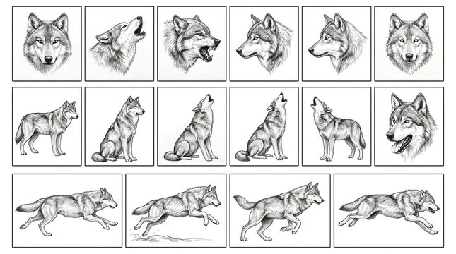 Detailed wolf sketches set featuring various poses and expressions