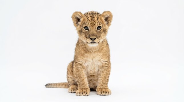 A cute lion cub sitting and looking at the camera with a white background